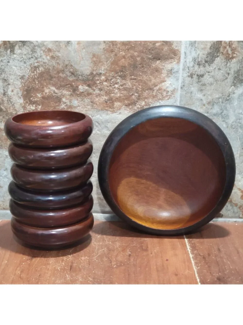 7 Piece Mahogany Wooden Salad Serving Bowl Set